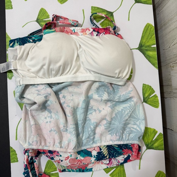 Beach House Pink Green Blue Textured Floral Relaxed Fit Tie Front Bikini Top - Picture 10 of 11